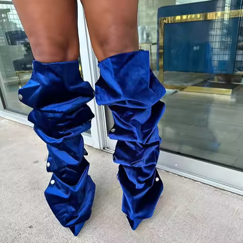 BUSY GIRL MY4399 New blue red velvet print camo knee high boots metal buckle removable pointed toe high heels shoes women boots
