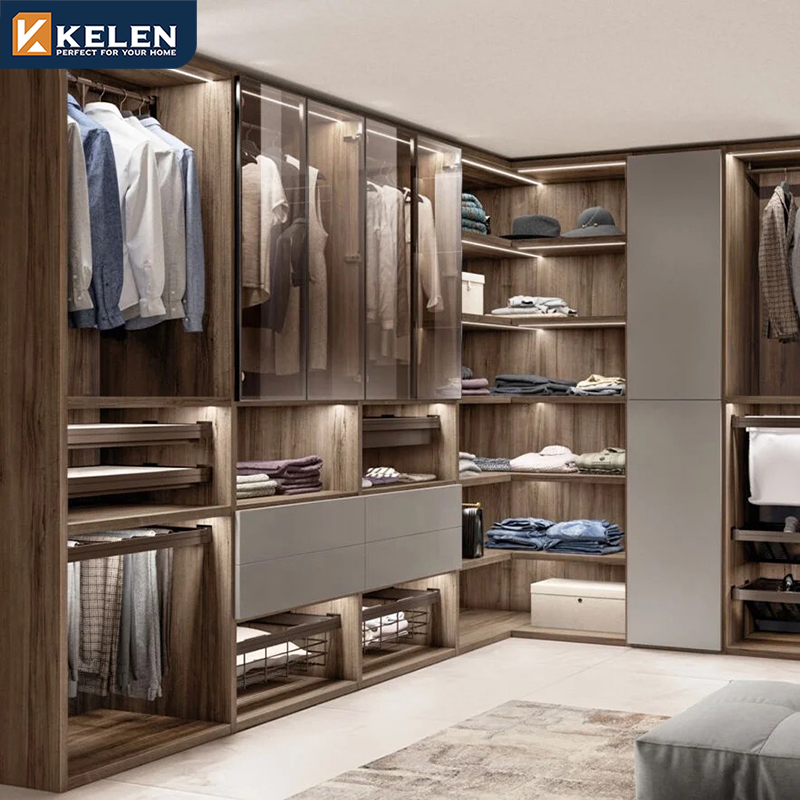 Kelen 2025 contemporary wood Aluminium wardrobe wooden bedroom furniture set custom armoire walking closet cloakroom
