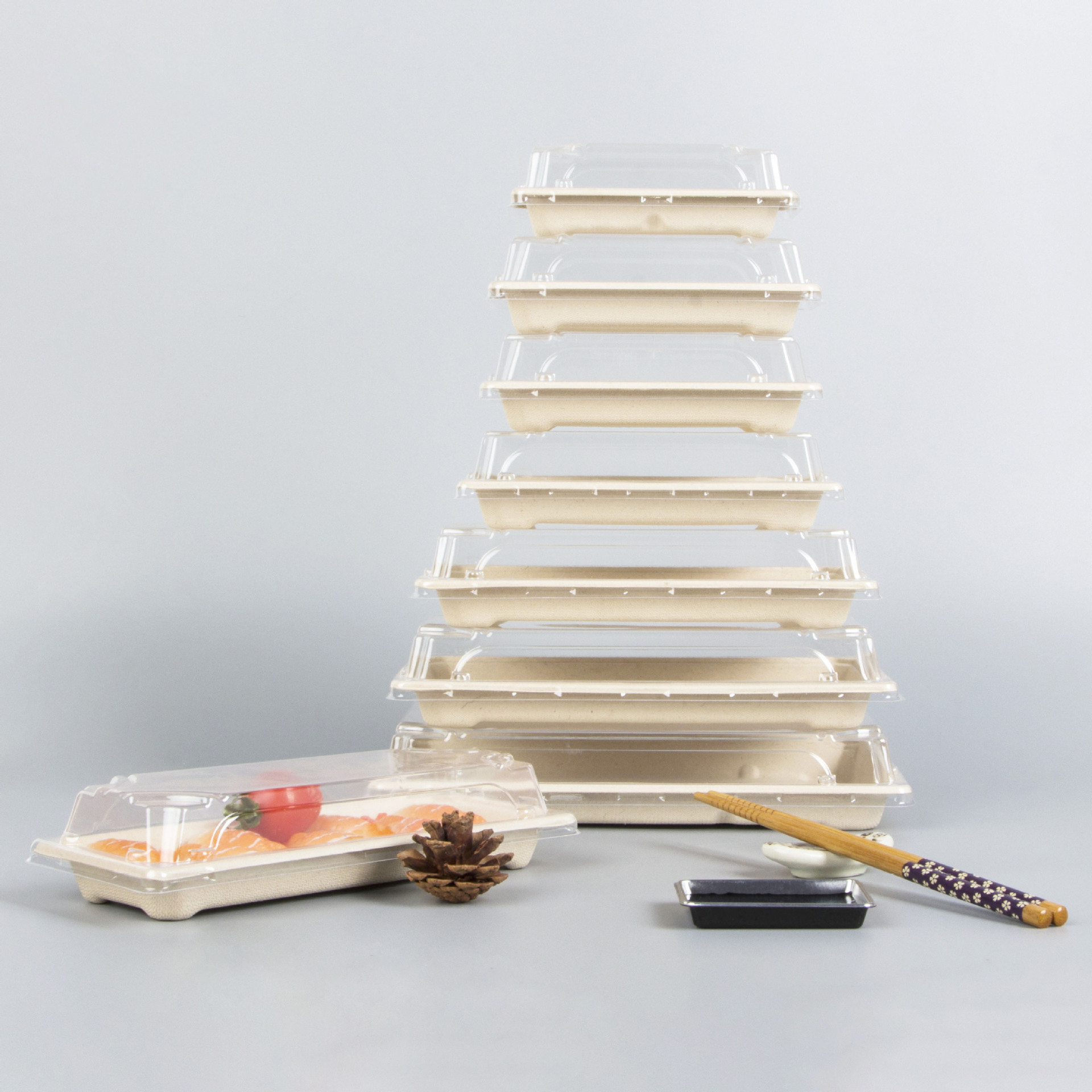 Многоразовые одноразовые биоразлагаемые Sugarcane Bagasse целлюлоза суши Упаковка Контейнер лоток с крышкой