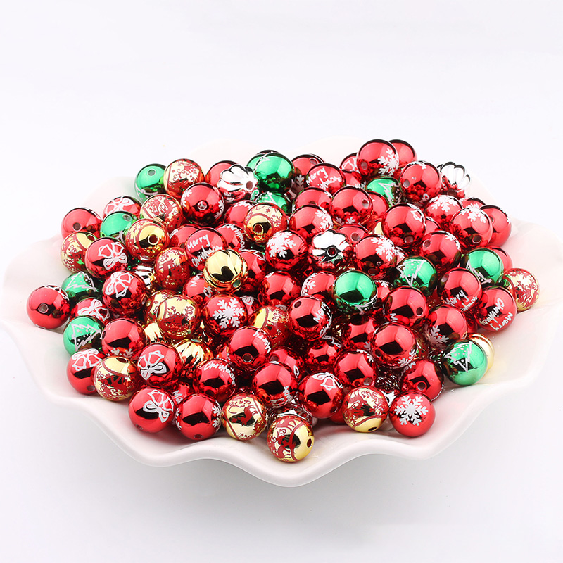 Wholesale 15mm Acrylic Bright Christmas Printed Plated Clear Uv Bpa Free Round Acrylic Beads Mixed For Beaded Pen Making