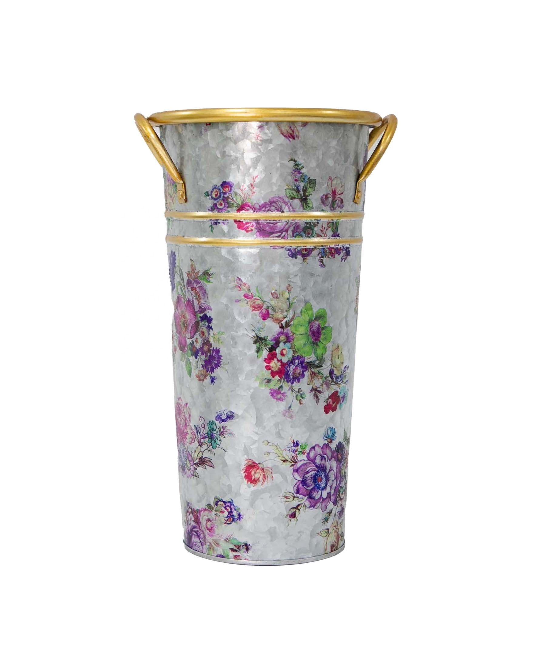Metal Flower Pot Decorative Galvanized Planter Gardening Decor Flower Bucket for Indoor Garden Decoration with Floral Pattern