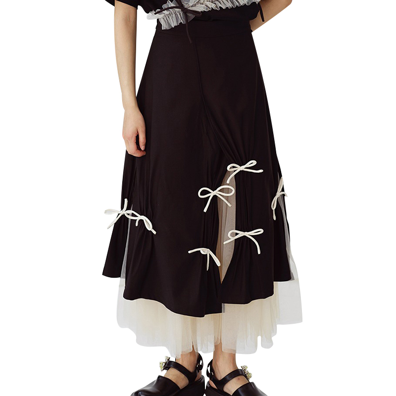 TWOTWINSTYLE Colorblock Black Vintage Side Split Bowknot Patchwork Mesh Skirts Female
