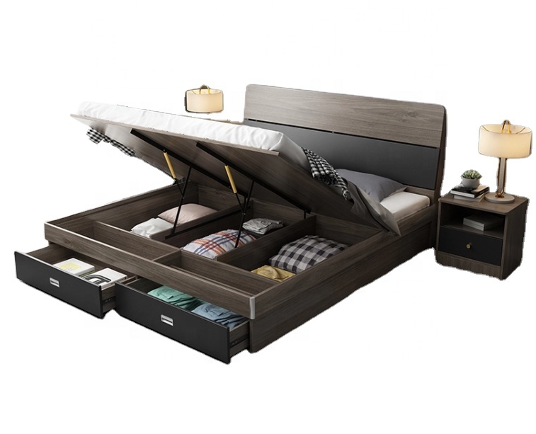 2021 Design Chinese Style Modern Furniture solid wood Headboard Wooden double Bed With Storage Drawers king size bed frame