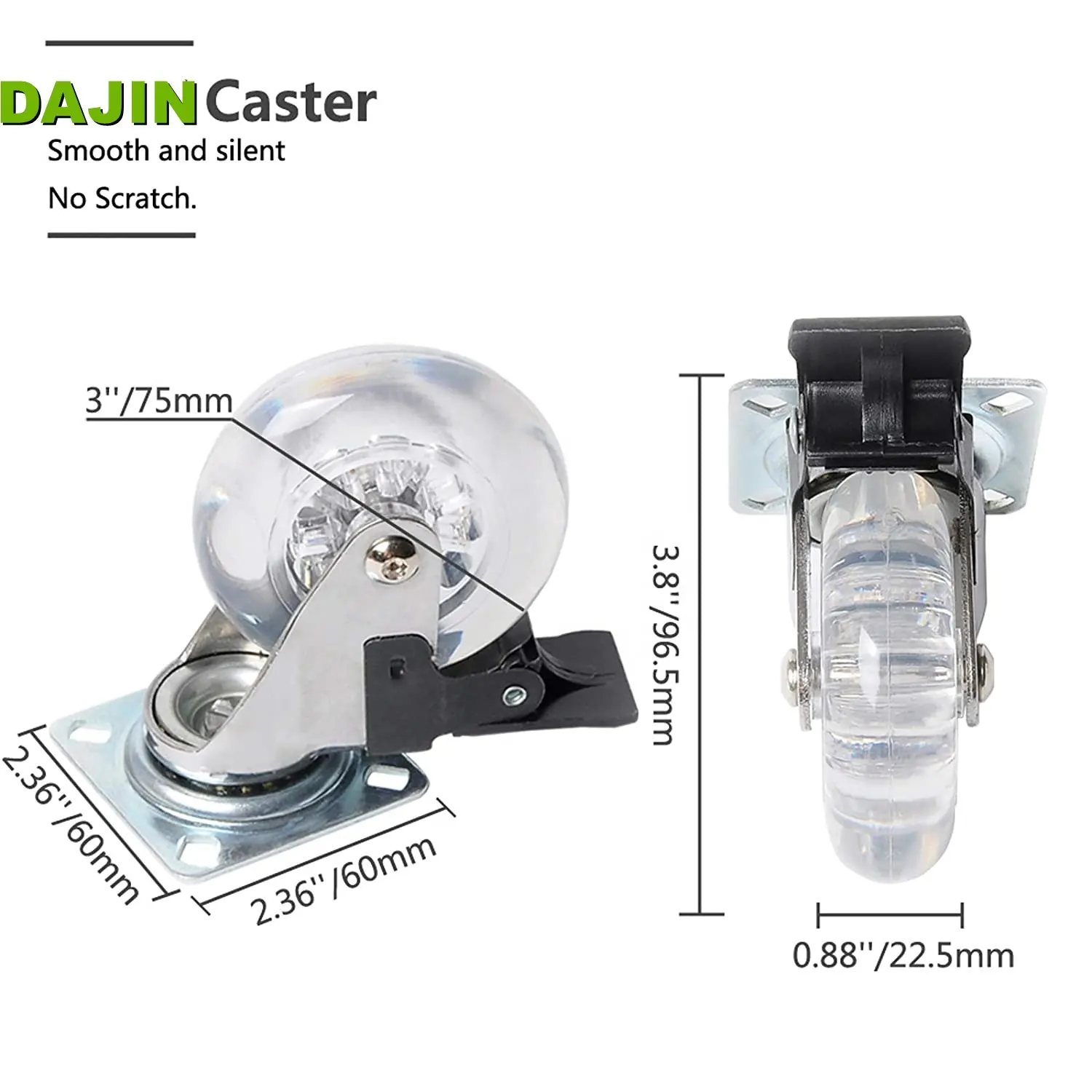 2 Inch 3 Inch 4 Inch 100mm Clear Swivel Brake Wheels Silicone Transparent Cabinet Office Chair Furniture Caster Wheel