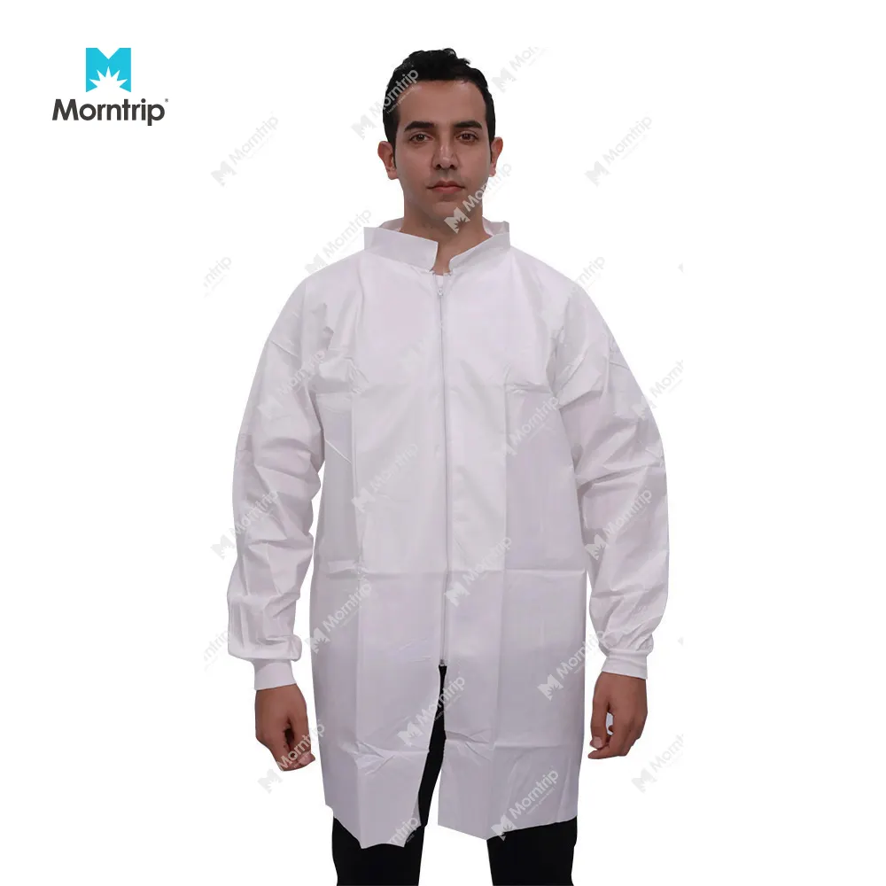 Snap Closure Lab Use Work Clothes Dust Suit Disposable White Coat with Knitted Collar Cuffs