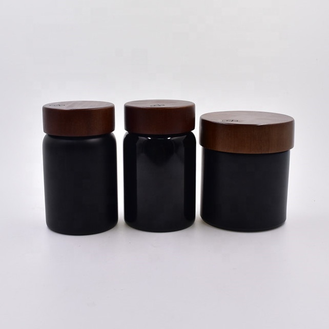 250ml matte glossy black frosted Skin Care cosmetic packaging containers face cream jar with child resistant bamboo wooden lid