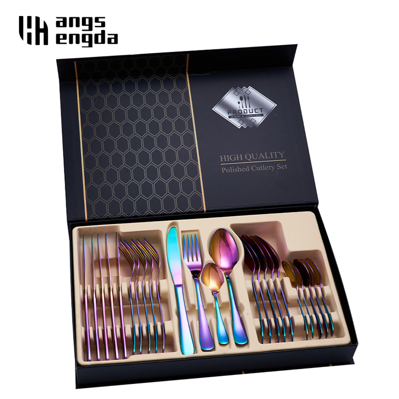 Wholesale Luxury Wedding stainless steel cutlery gift box silverware set can be customized logo 24 pcs color tableware set