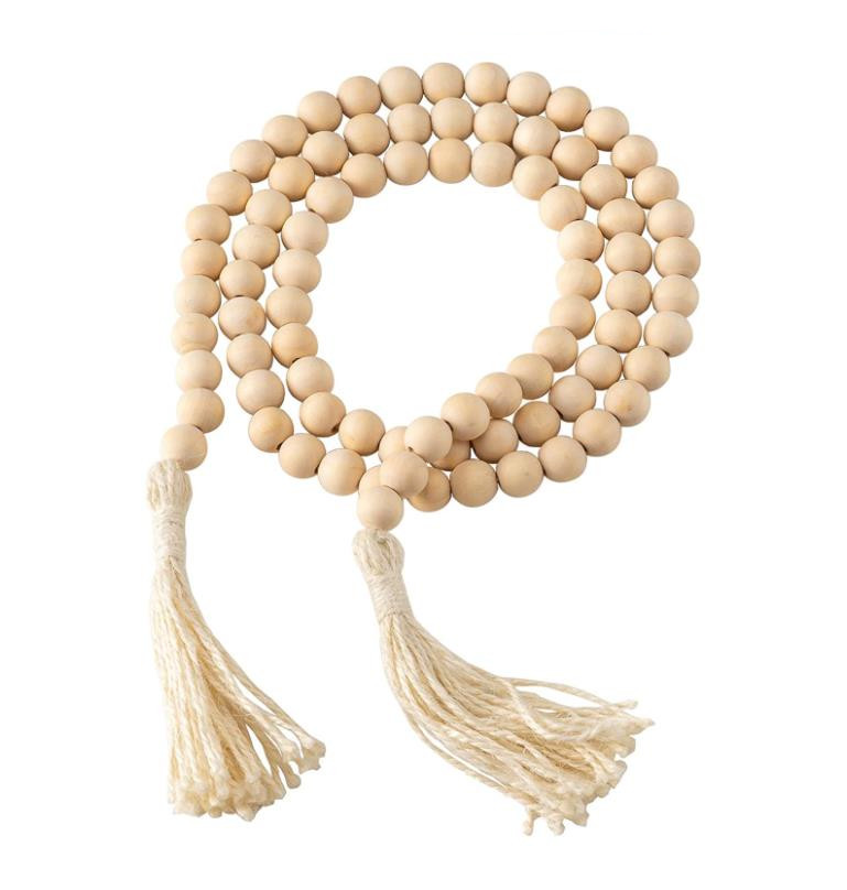 Rustic Country Decor for Coffee Table 58 Inch Farmhouse Wood Beads Garland Decor Wooden Beads with Tassels