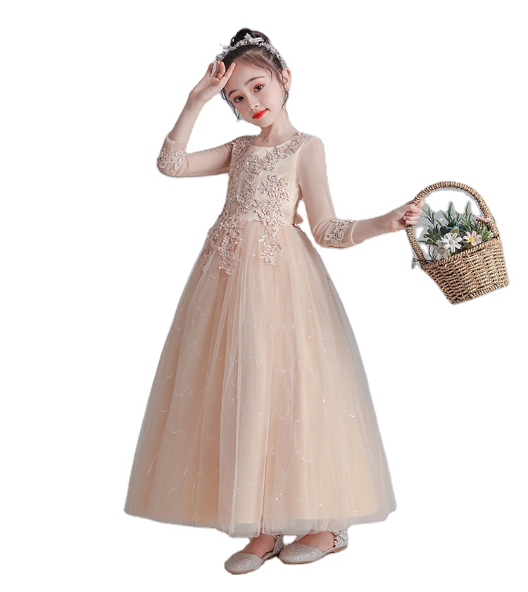 2021 Autumn Long Sleeve Maxi Kids Party Dress Children Ball Gown Flower Girls Dresses