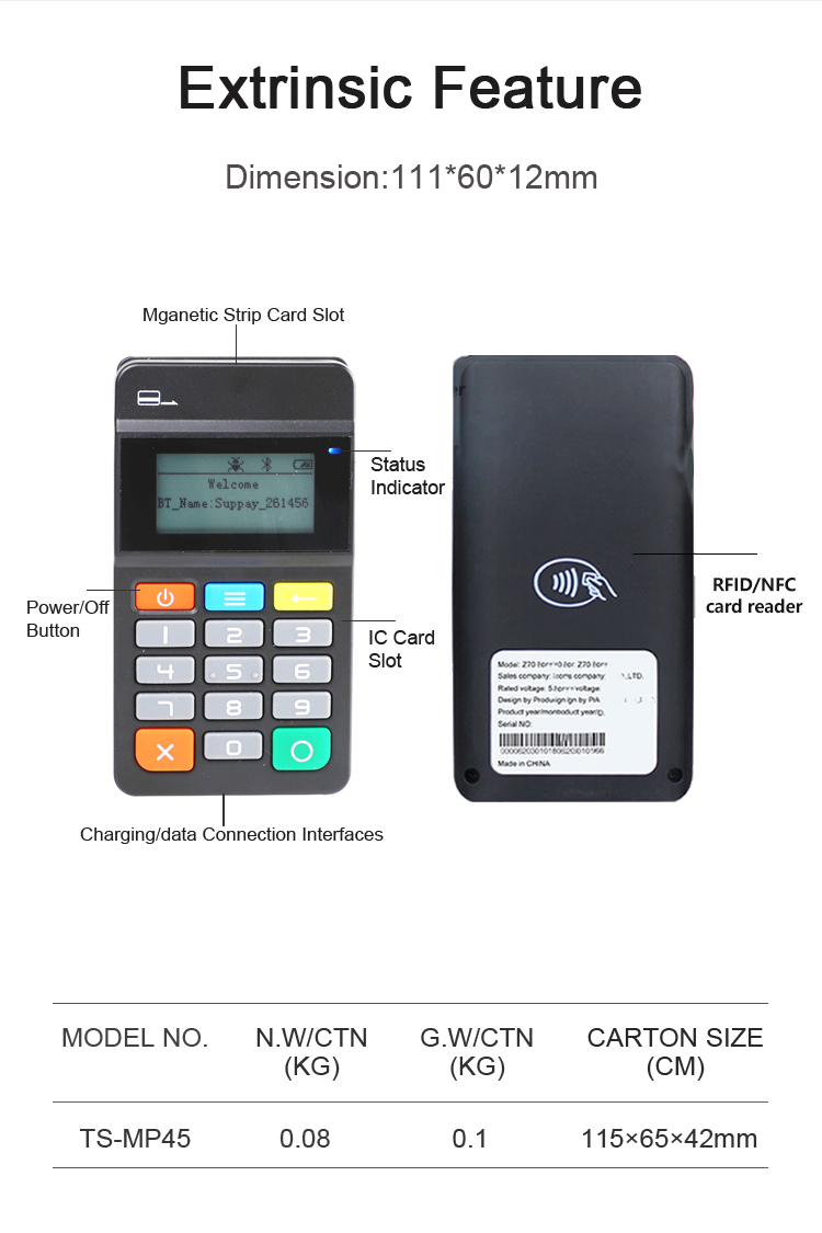 PCI EMV PBOC Mobile Handheld BIuetooth MPOS Terminal Machine Keypad For Payment