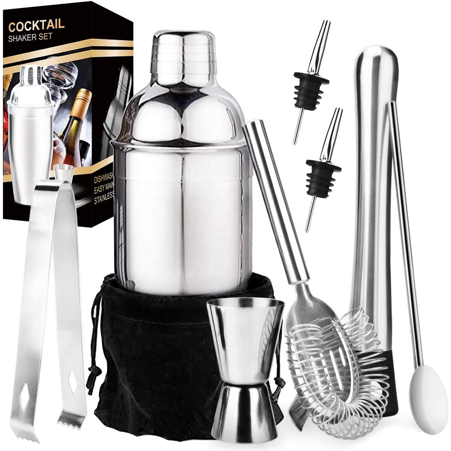 Factory Direct Stainless Steel Bartender Kit, Bar Shaker Set, 750ml Cocktail Shaker Set with Martini Kit