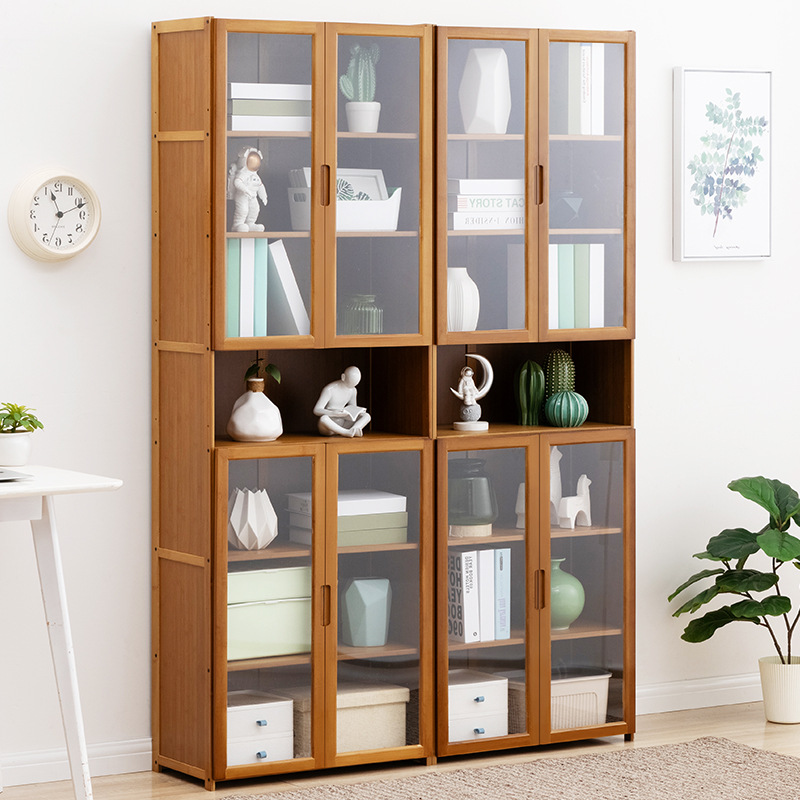 Modern Bamboo Bookcase Brown Storage MDF Book Shelf With Doors bamboo rack living room cabinet bookshelf Bookcases