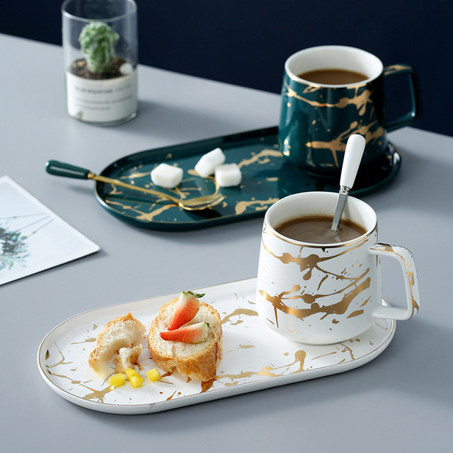 Gold Marble Coffee Mug Ceramic Cup Milk Breakfast porcelain Tea Cups And Plate Dish Saucer Set