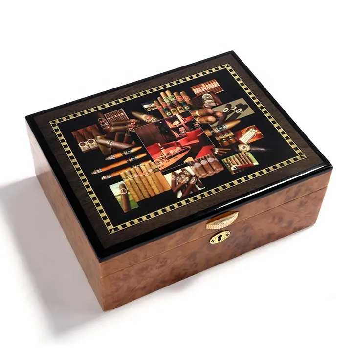 Custom Handmade Glossy Finish Wooden Cigar Boxes Factory Price Cigar Wooden Box With Hygrometer