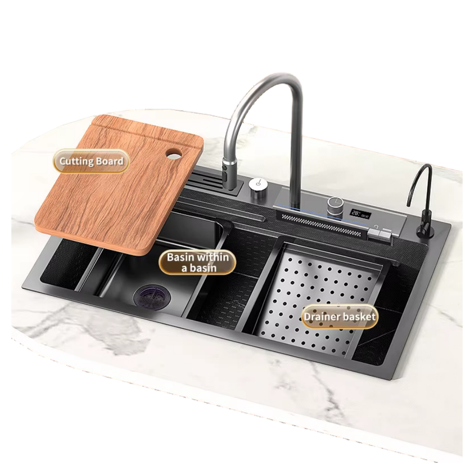 Stainless Steel Waterfall Kitchen Sink Smart With Knife Holder Large Single Bowl Washbasin Multifunctional Utensils for Kitchen