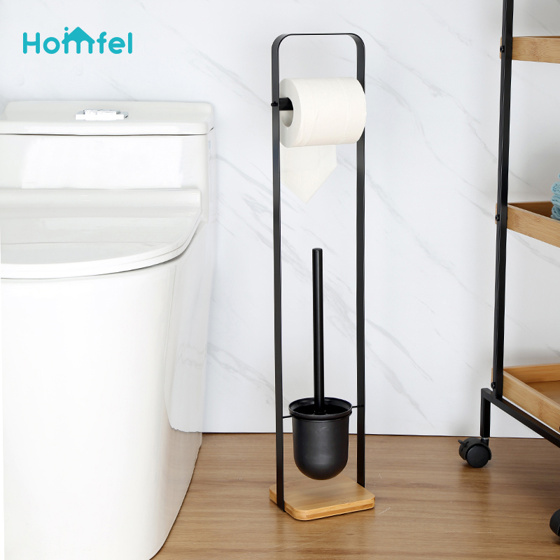 Bathroom Toilet Paper Holder Toilet Brush Holder With Bamboo Base Bathroom Storage Matt Black