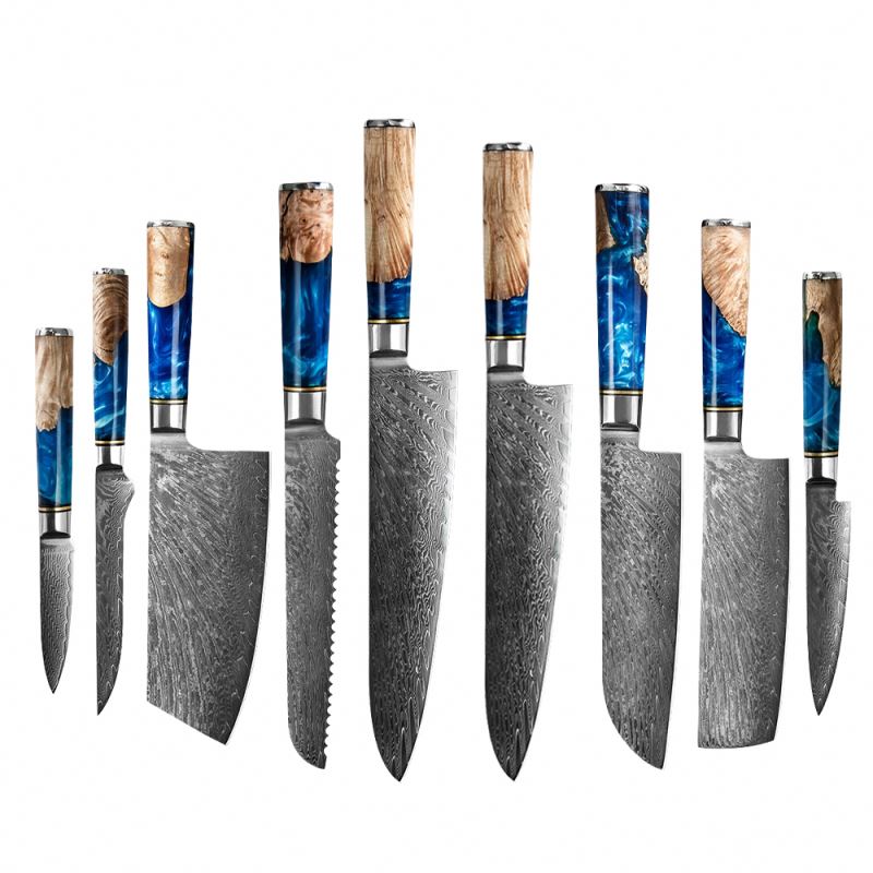 Hot sale Chef Knife sets with Blue Resin Handle Carbon Steel Kitchen knife Damascus Knife set