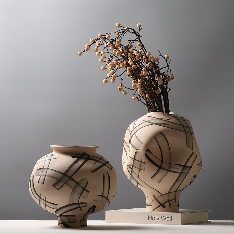 Modern Minimalist Ceramic Vase Creative Hand Painted Irregular Coarse Pottery Flower Jar Japanese Wabi Sabi Home Decoration