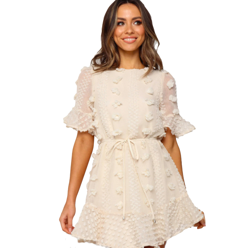Fashion Lace Casual Women Clothing Summer White Crew Neck Swiss Dot Club Dresses Sexy Mini