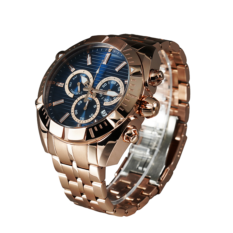 Rose Gold Stainless Steel Sports Watch  Week Date Display Luminous Functions quartz watch for men Multifunctional gent watch