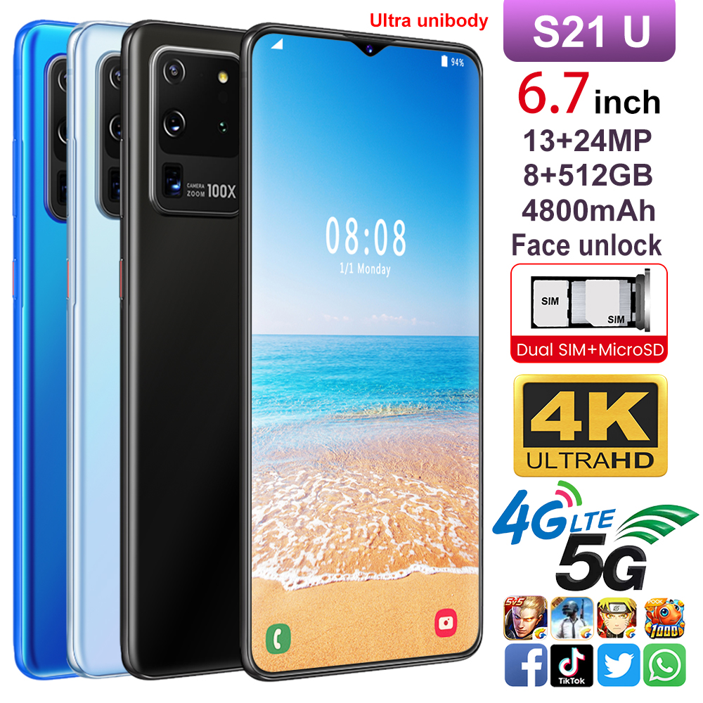 Бесплатная доставка в США 2021 Горячая S21U Android 10,0 смартфон 6,7 дюймов большой объем памяти 8 Гб + 512 ГБ тонкий распознавания лиц и Dual sim телефон