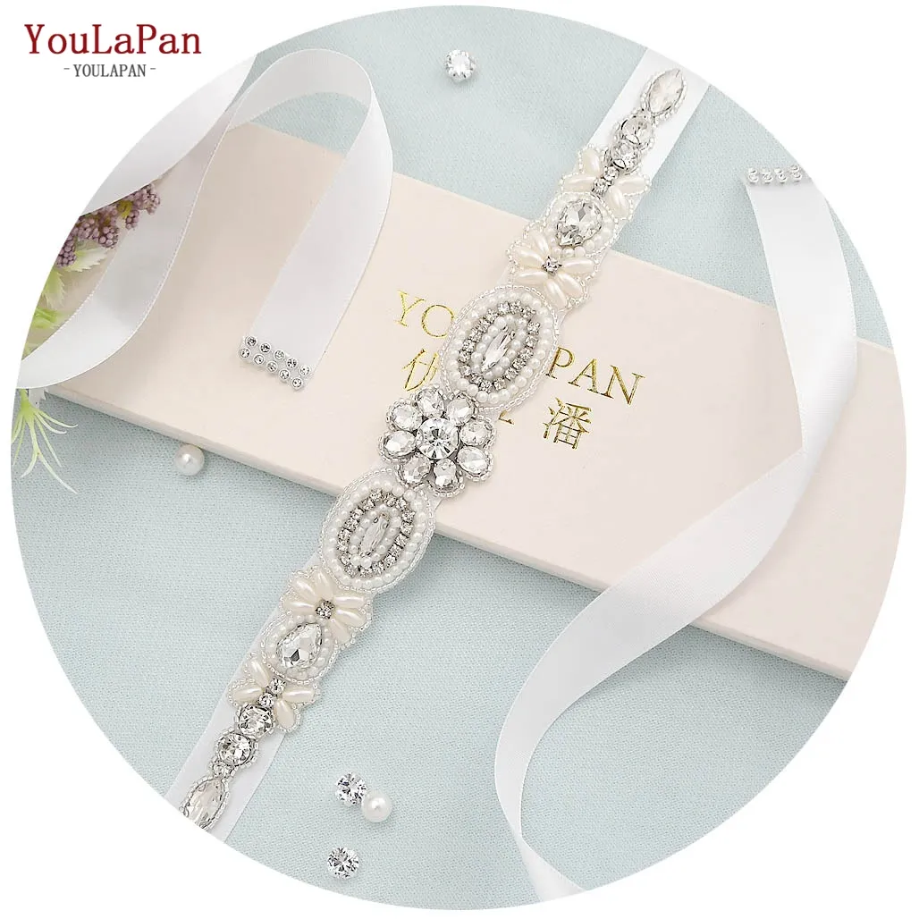 YouLaPan S43 Vintage Floral Design Pearl and Rhinestone Beaded Flower Wedding Bridal Belt for Women Wedding Dress