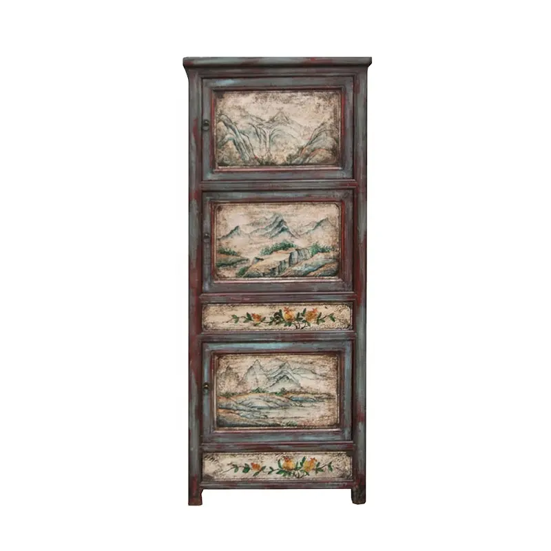 Chinese Rustic Antique Style Wooden Hand Painted Bedroom Furniture Old Door Style Wardrobe