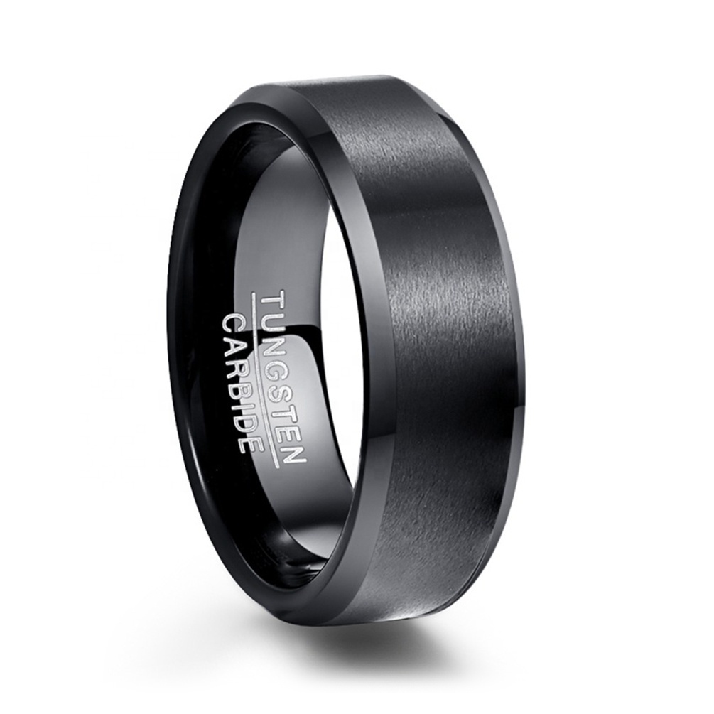 Alin China Wholesale Black Brushed Tungsten Carbide Wedding Rings Bevel Edge Polished For Mens Comfort Fit