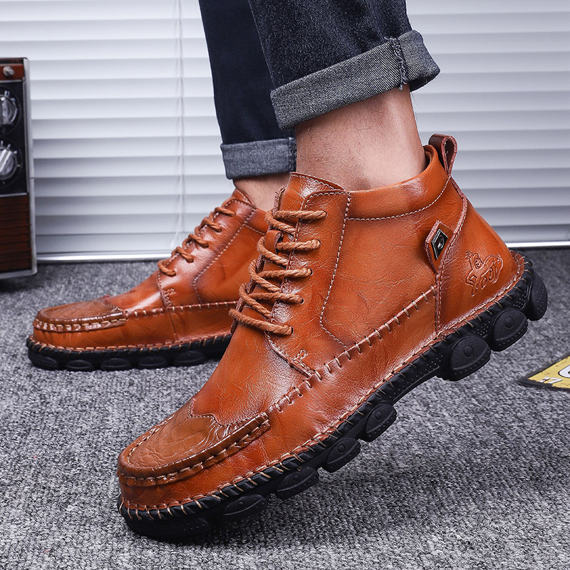 Leather Boots plus Size High-Top Leather Shoes Cowhide Casual Shoes Leather Men British Mid-Top Martin Boots Men's Ankle Boots