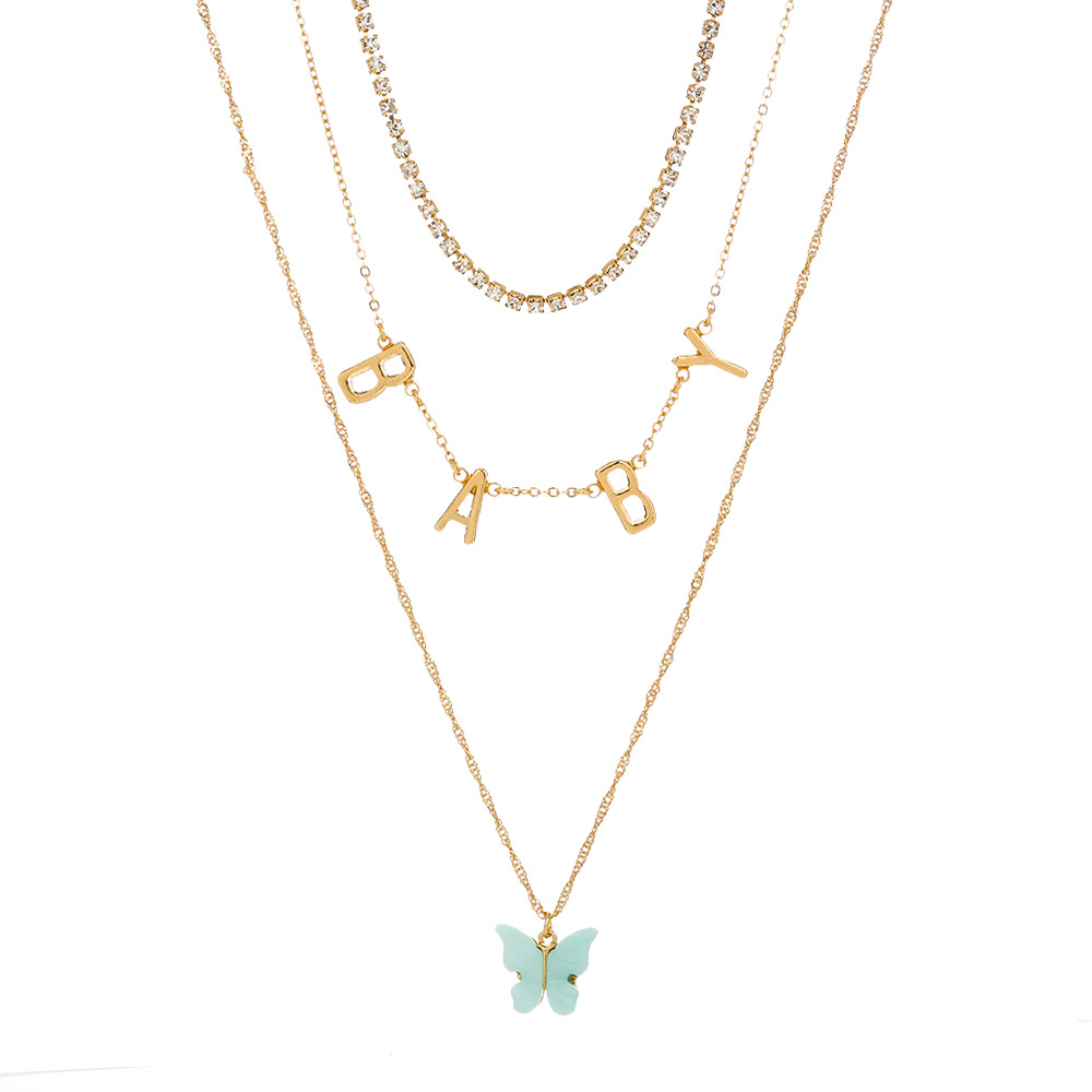 Graceful Light Blue Resin Butterfly Pendant Necklace Popular BABY Letter Multi Layering Necklace for Women