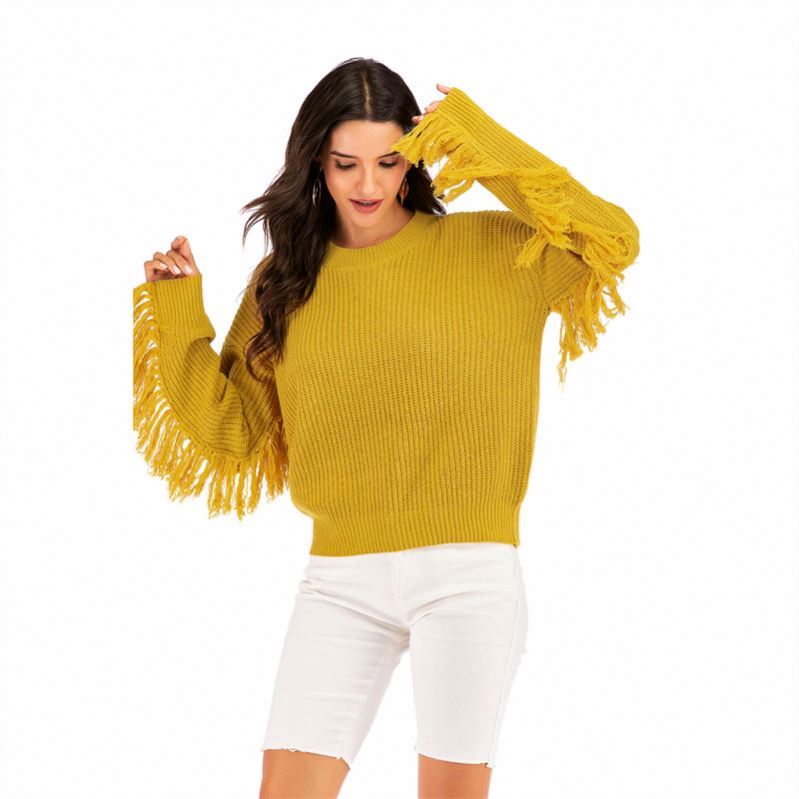 Women Fall Winter Sweater Tops Tassel Long Sleeve Plain Color Pullover High Quality Women Sweater
