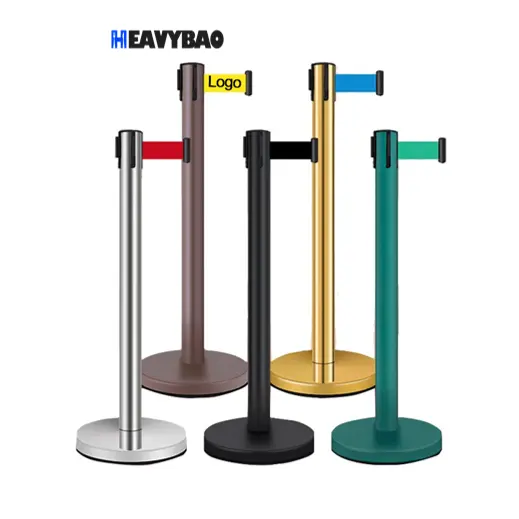 Heavybao Stainless Steel Metal Traffic Barrier Railing Stand Stanchion Pole Crowd Control Post Stanchion Retractable Belt