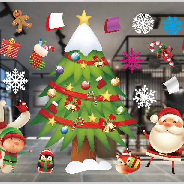 Merry Christmas Window Stickers Colorful Printed Tree Wall Stickers Window Dress Up Seamless Decorative sticker