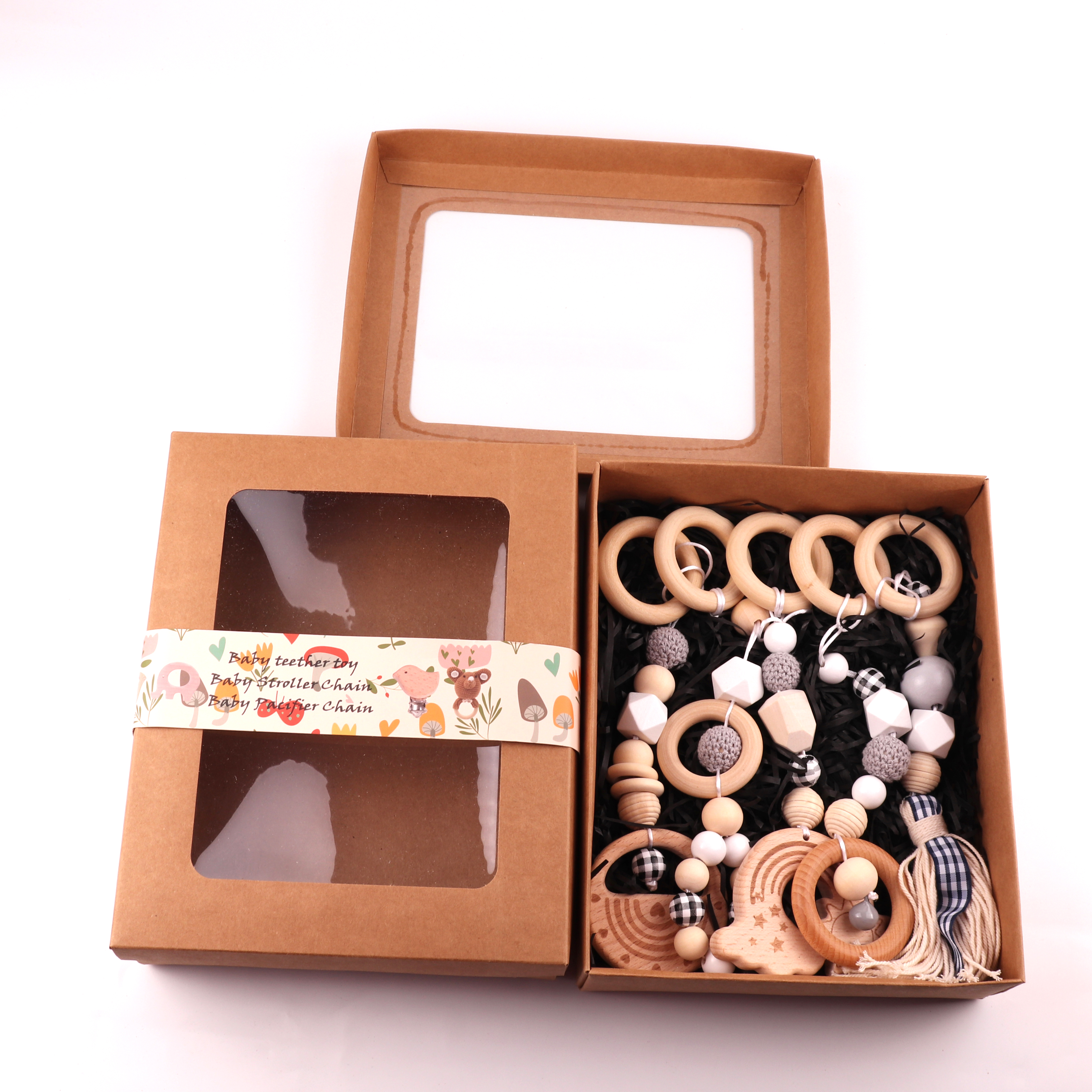 Box packing set baby teething toys set custom shape beech wood teether toys baby educational teether gift set