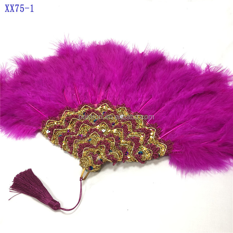 XX75 1pcs African Turkey Feather Hand Fan Handmade Fans for Dance Wedding Decoration Hand Fan with Stones Double-sided