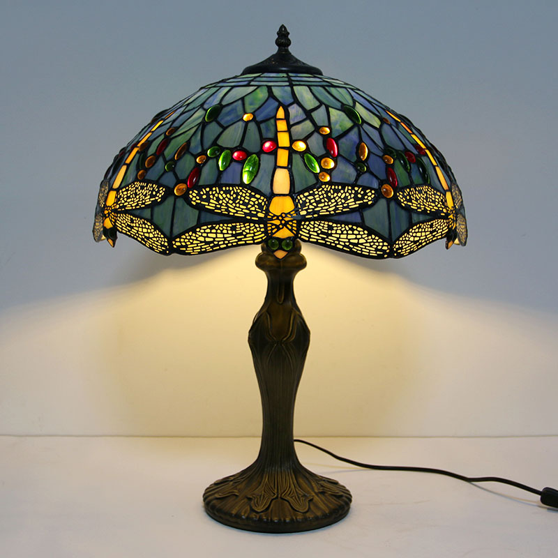 LongHuiJing 16Inch Wide Flowers Stained Glass Handcrafted Table Desk Lamp Resin material stand base lamps