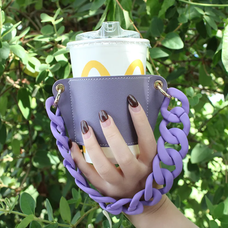 Popular Fashion Coffee Cup Sleeve Holder With Chain Handle Personalized Colorful Insulated Carry PU Leather Beverage Cup Holder
