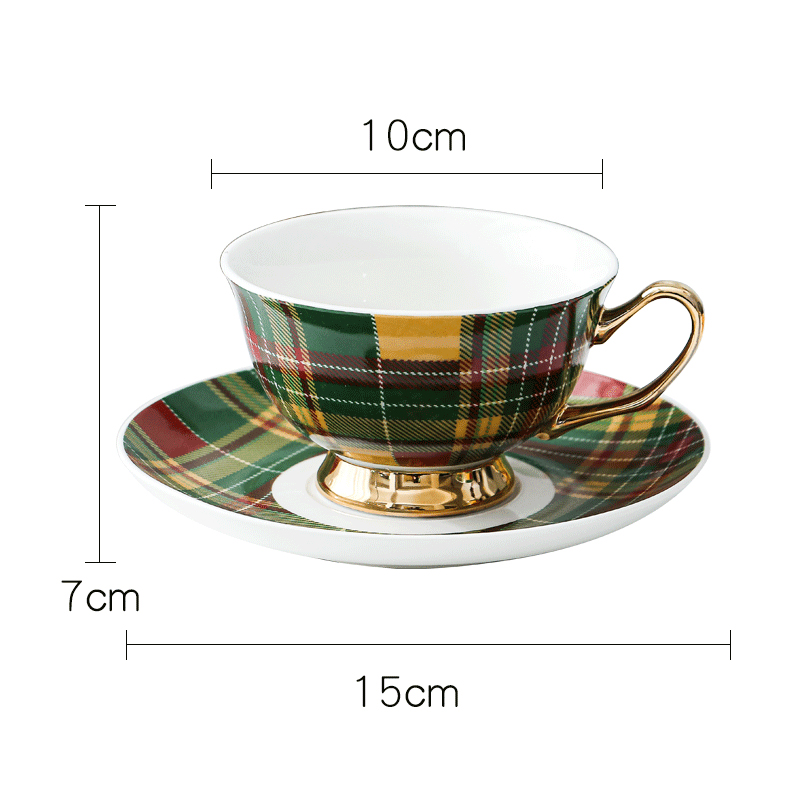 Office plaid design gold rim coffee cup and saucer set