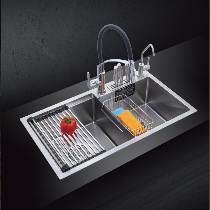Factory price High Quality brushed Handmade Kitchen Sink with Tray and drain board