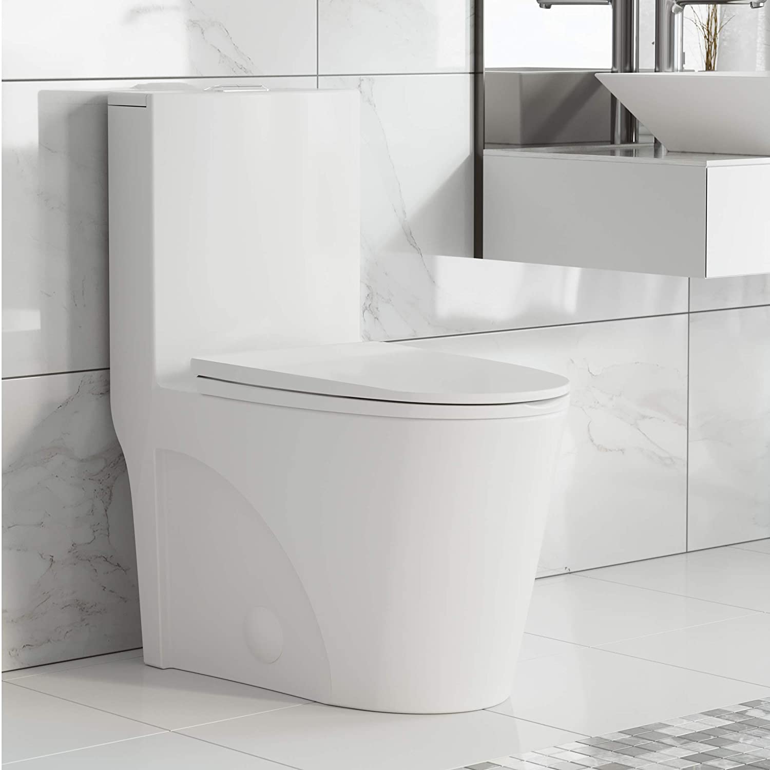 Modern Dual Flush Elongated One Piece Toilet Removable Soft Closing Seat Comfort Height Watersense High-Efficiency White Toilet