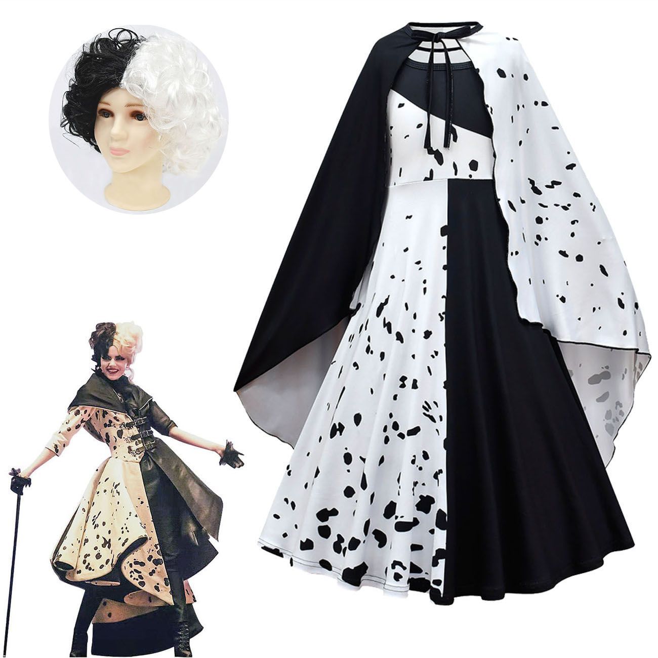 Женский костюм для косплея Cruella Deville, длинное черно-белое платье, одежда Kuila, одежда ведьмы С плащами и париками для Хэллоуина