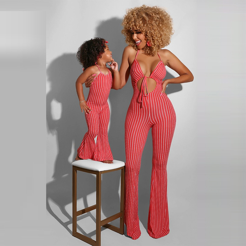 Summer 2021 Outfit Sexy Cute Suit Printed Striped Children's Sling One Piece Jumpsuit Short Women Parent-Child Casual Romper Set