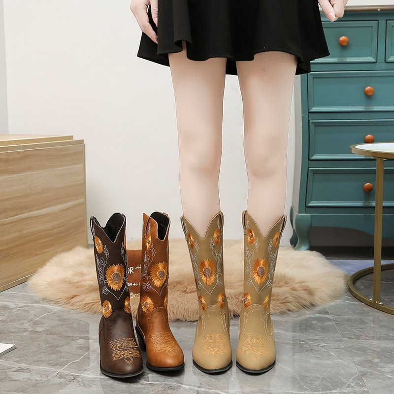 2021 Hot Sale Women boots sunflower Low-heeled BOOTS fashionable outdoor high Boots for women