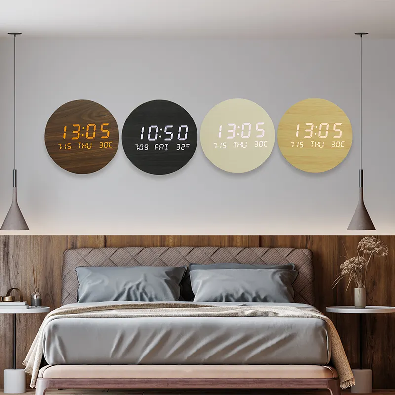 EMAF Korea style rechargeable battery wood wall clock 30 days working time calendar temperature wireless digital LED wall clock