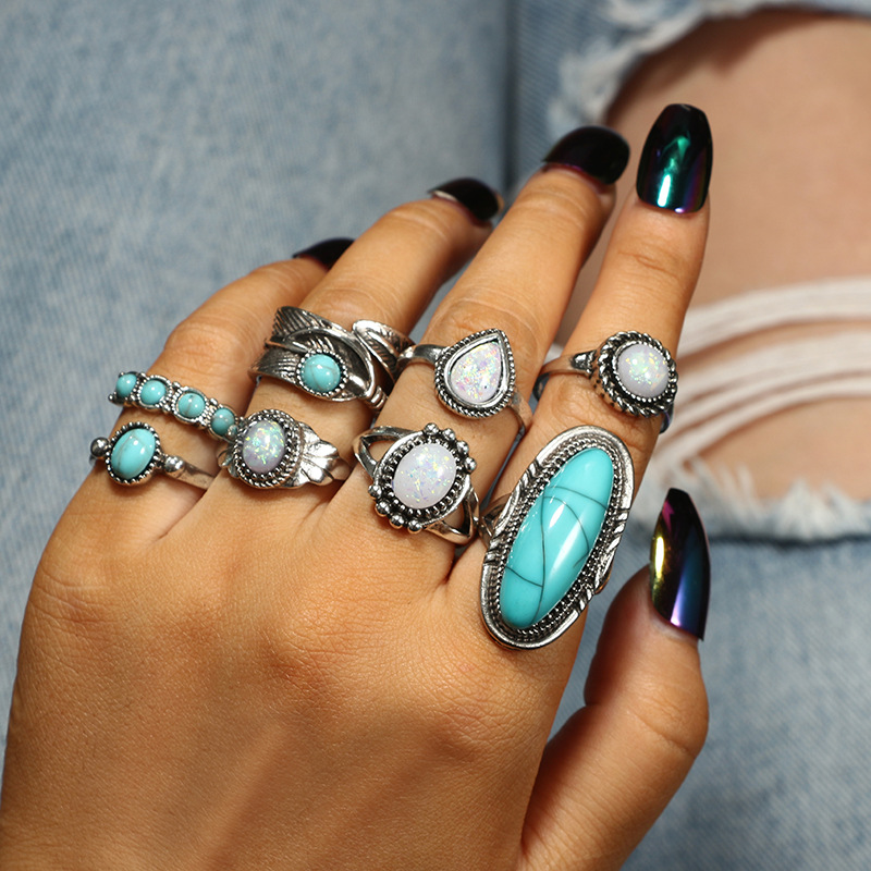 Fashion Boho Midi Rings Sets For Women Vintage Antique Silver Color Turquoise Ring