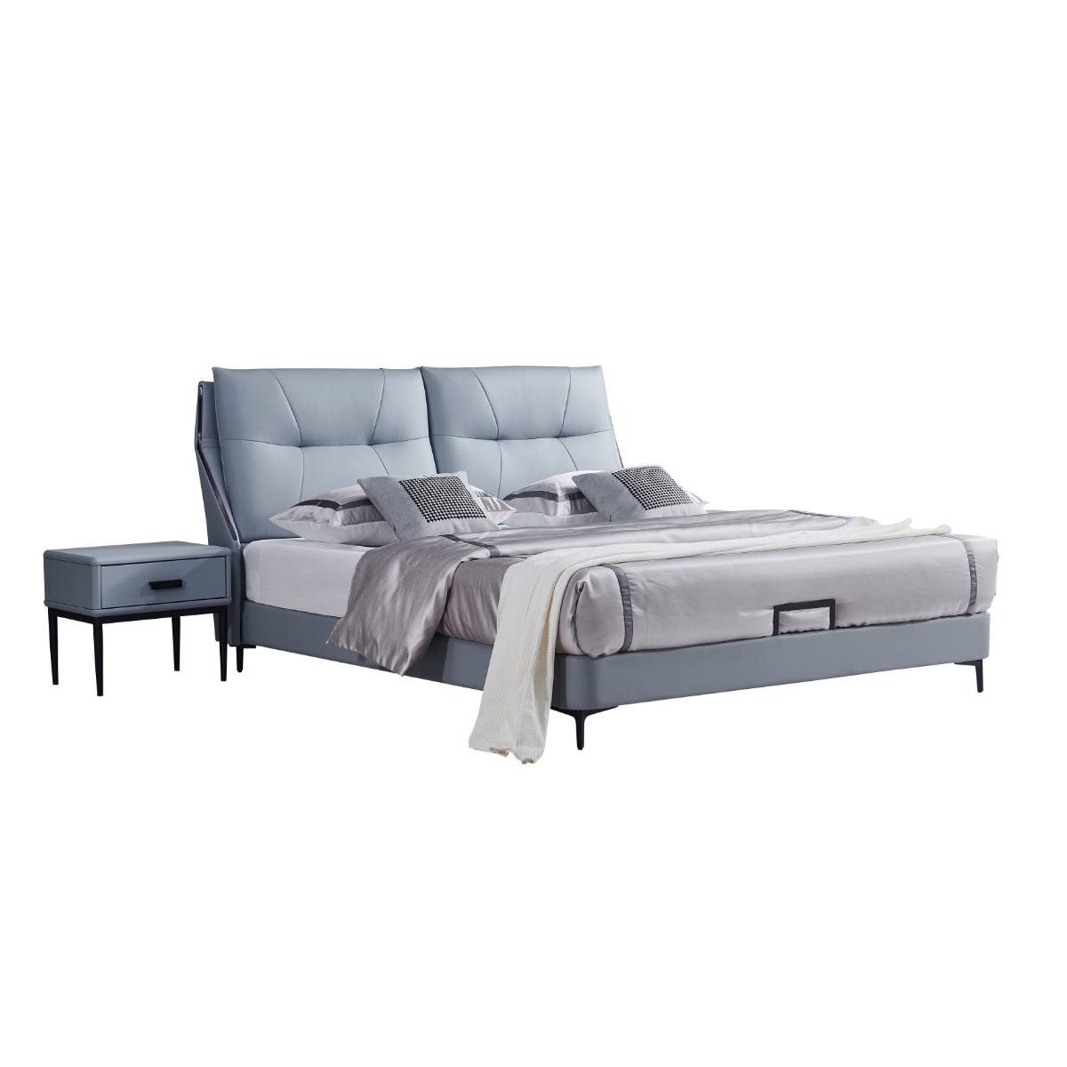 Stainless steel legs bedroom sets upholstery headboard and soft mattress with 1 bedside tables for hotels apartments projects