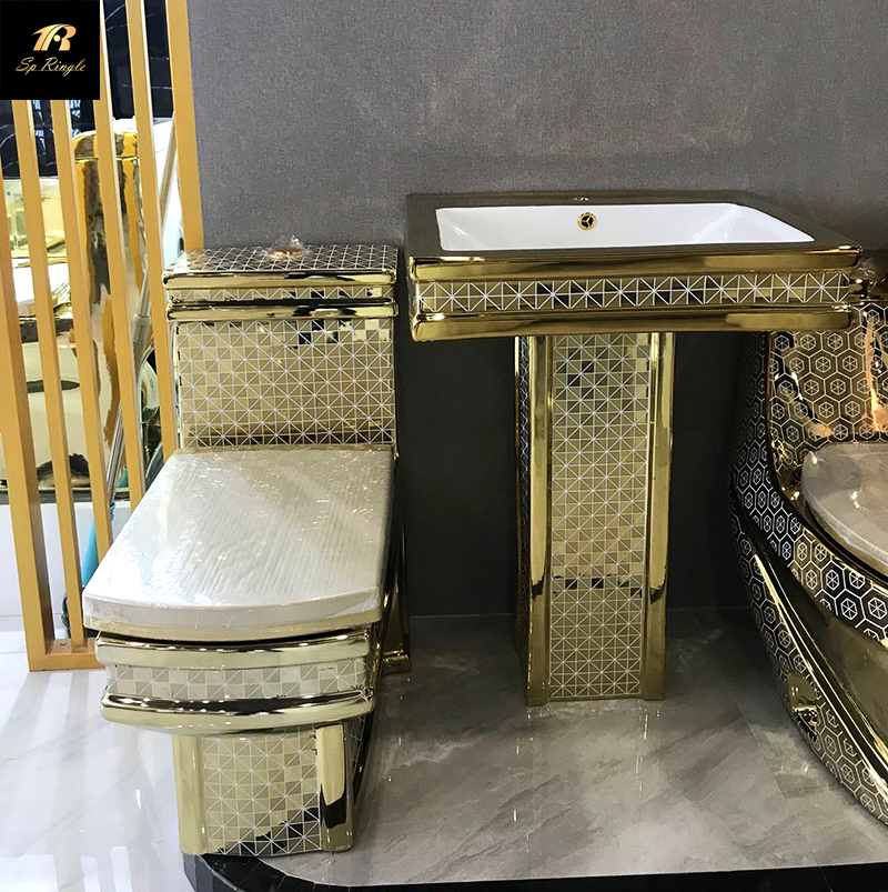 European style classic strong siphon flushing square bathroom sink ceramic gold color toilet