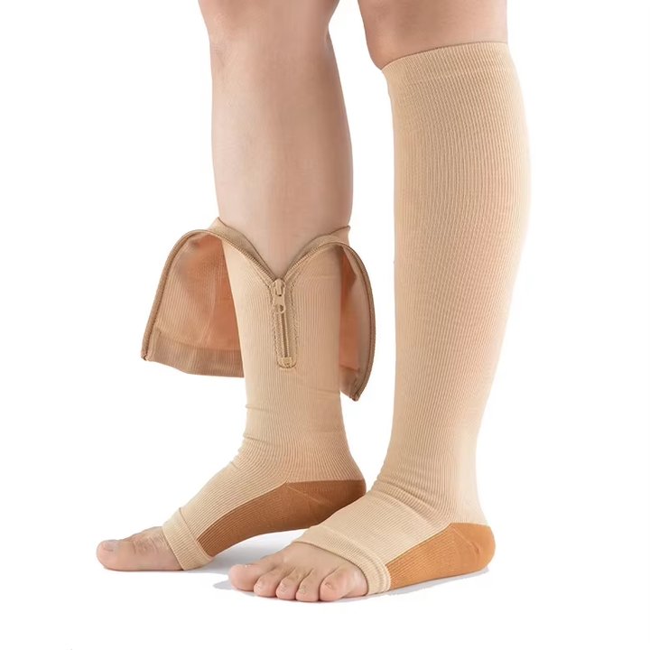 Unisex 20-30 mmhg plantar fasciitis zip up open toe womens nurse zipper compression socks