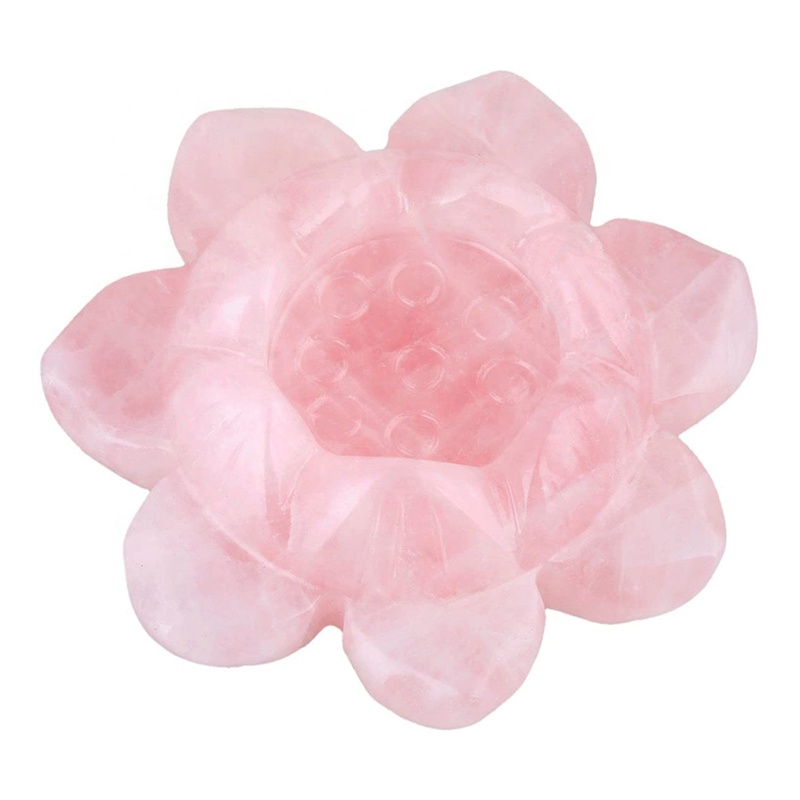 2" Rose Quartz Carved Gemstone Lotus Flower Crystal Ball Stand/Candle Holder