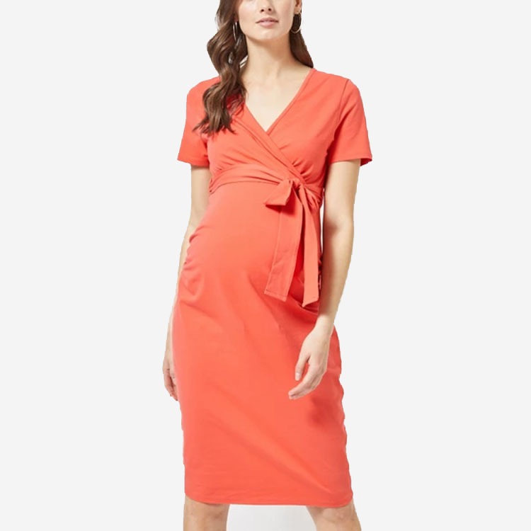Maternity Clothing Maternity Orange Short Sleeves belted Wrap Nursing Dress For Office